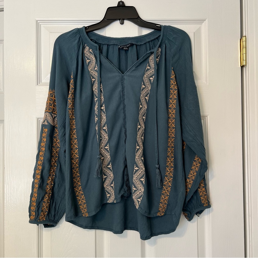 American Eagle blue embroidered top tassel tie shirt S